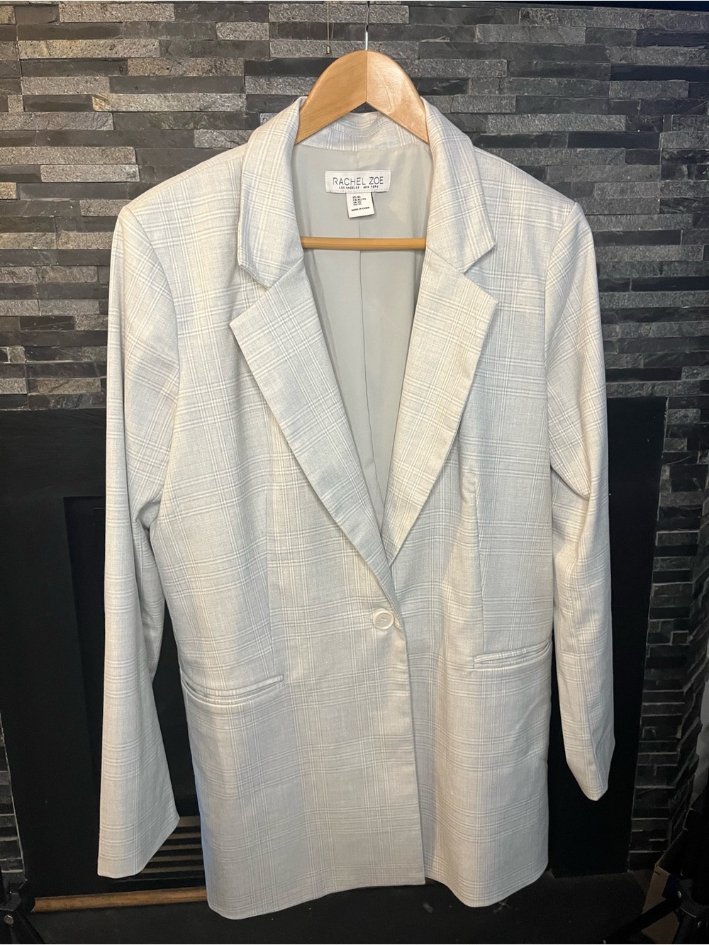 Rachel Zoe Light Gray Silver White Plaid Tailored Single-Button Blazer